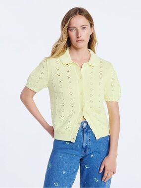 Light Yellow Knit Polo Cardigan Top - Women